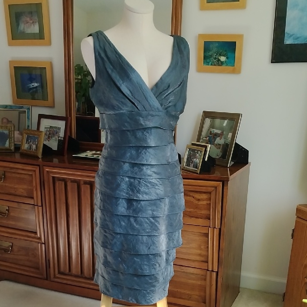 London Times Slate Blue Sleeveless V-Neck Tiered Midi Dress